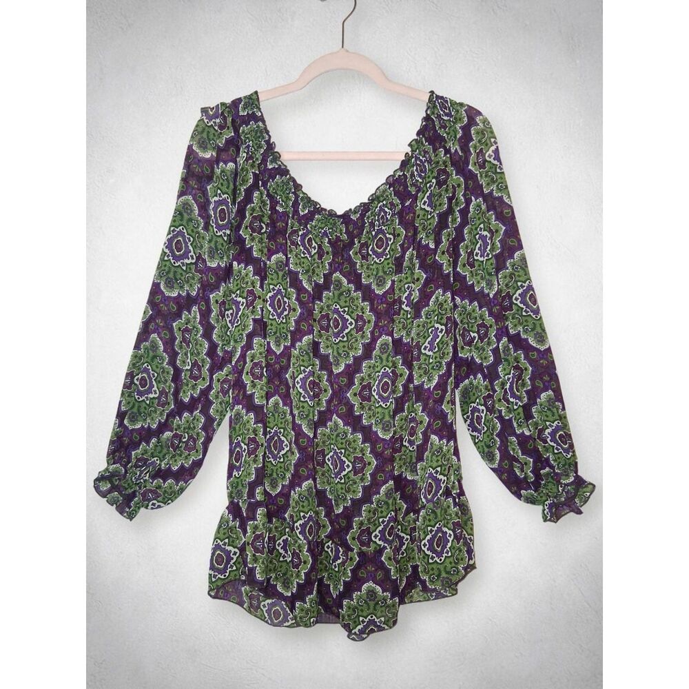 Womens 2X Purple Green Paisley Floral Chiffon Blouse Ruffle Neck Long Sleeve Top